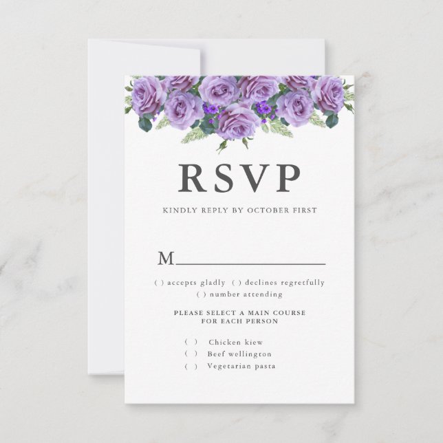 Purple Modern Typography Elegant Floral Wedding  RSVP Card (Front)