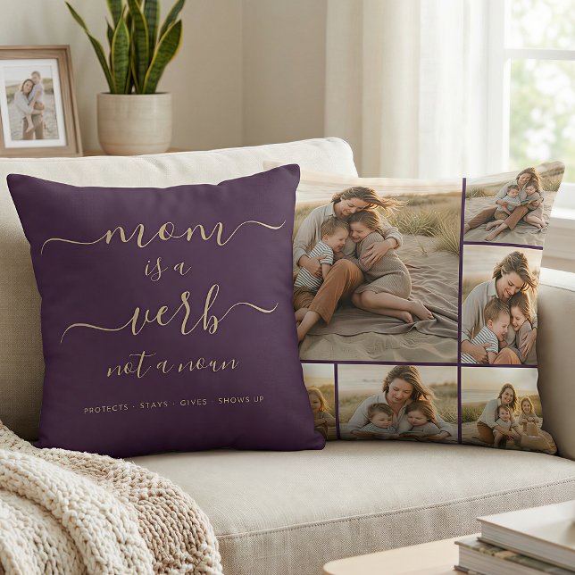 Purple Mom Is a Verb Family Photo Mum Keepsake Cushion (Creator Uploaded)