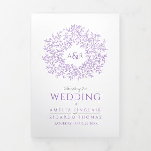 Purple monogram art photo wedding Tri-Fold programme