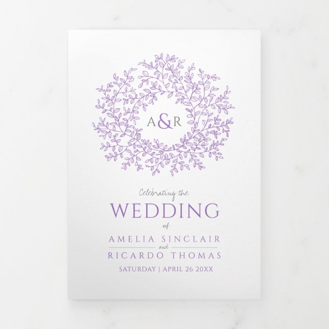 Purple monogram art story dedication wedding Tri-Fold programme (Cover)