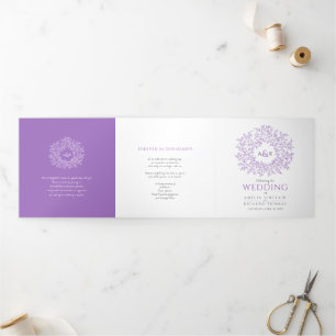 Purple monogram art story dedication wedding Tri-Fold programme
