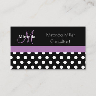 Purple Monogram Black White Polka Dot Business Card