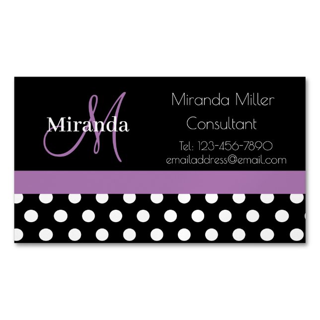Purple Monogram Black White Polka Dot Magnetic Business Card (Front)