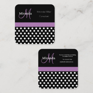Purple Monogram Black White Polka Dot Square Business Card