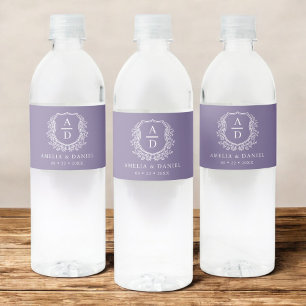 Purple Monogram Botanical Wedding Floral Crest Water Bottle Label
