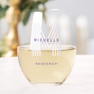 Purple Monogram Bridesmaid Wedding Bachelorette Stemless Wine Glass