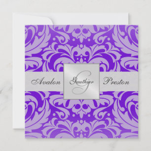 Purple Monogram Damask Wedding Invitation