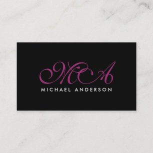 Purple Monogram Elegant Script Black Background Business Card