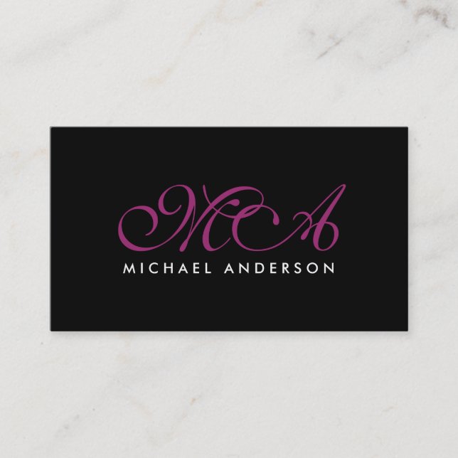 Purple Monogram Elegant Script Black Background Business Card (Front)