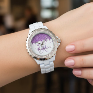 Purple Monogram Faux Glitter drips Watch