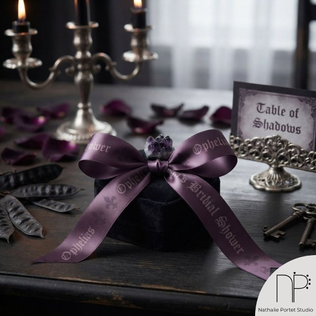 Purple Monogram Fleur-de-Lis Satin Ribbon (Purple monogram fleur-de-lis satin ribbon featuring custom dusty pink gothic typography for wrapping)