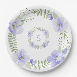 Purple Monogram Floral Watercolor Elegant Wedding Paper Plate