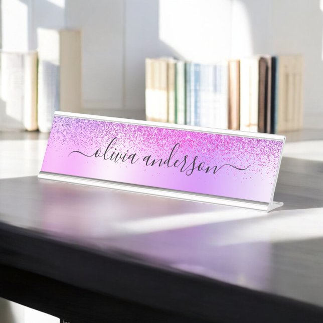 Purple Monogram Glitter Sparkle Girly Script Desk Name Plate (Creator Uploaded)