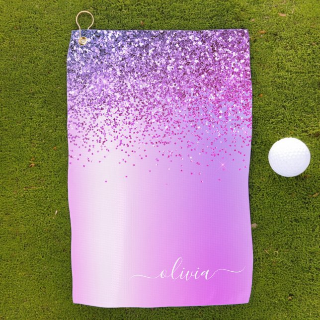 Purple Monogram Glitter Sparkle Girly Script Golf Towel (Creator Uploaded)