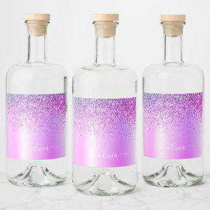 Purple Monogram Glitter Sparkle Girly Script Liquor Bottle Label