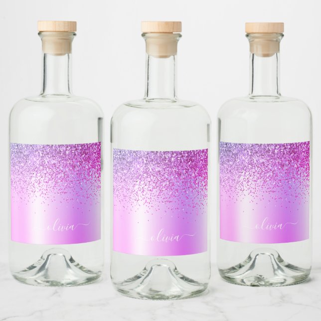 Purple Monogram Glitter Sparkle Girly Script Liquor Bottle Label (Bottles)