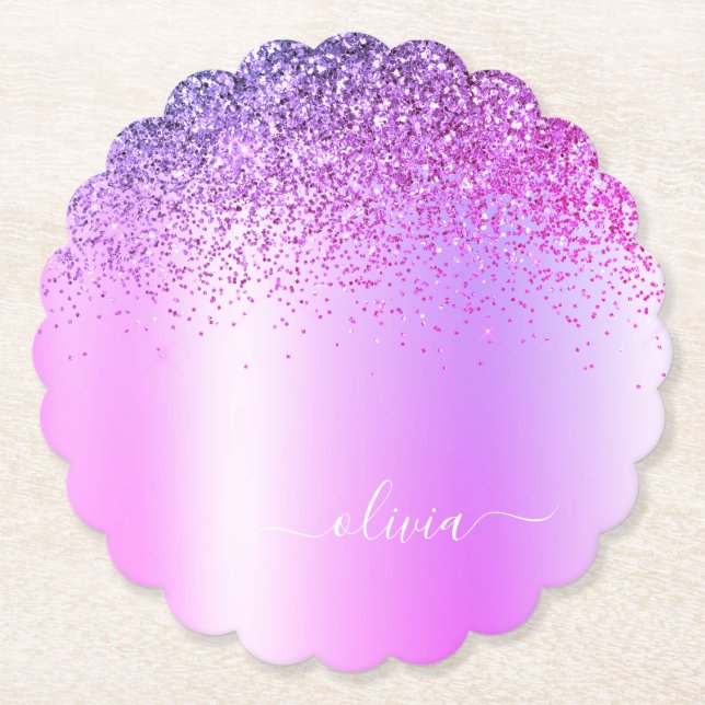 Purple Monogram Glitter Sparkle Girly Script Paper Coaster (Front)