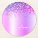 Purple Monogram Glitter Sparkle Girly Script Round Paper Coaster<br><div class="desc">Purple Faux Foil Metallic Sparkle Glitter Brushed Metal Monogram Name Paper Coasters. This makes the perfect graduation,  birthday,  wedding,  bridal shower,  anniversary,  baby shower or bachelorette party gift for someone that loves glam luxury and chic styles.</div>