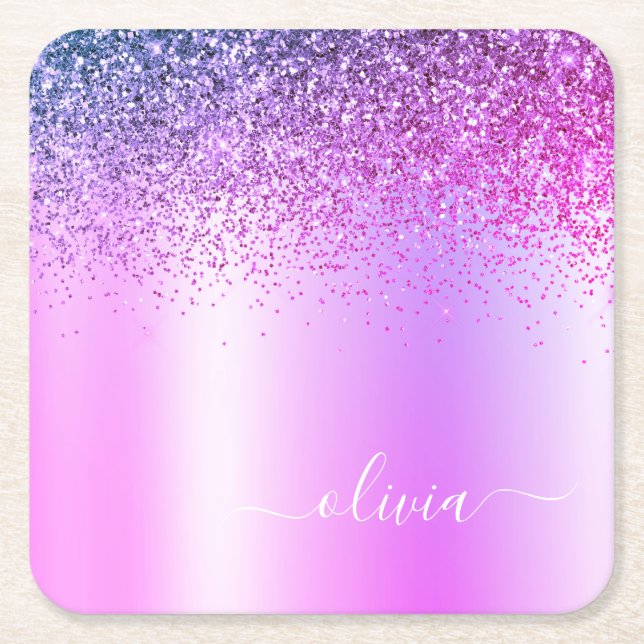 Purple Monogram Glitter Sparkle Girly Script Square Paper Coaster (Front)