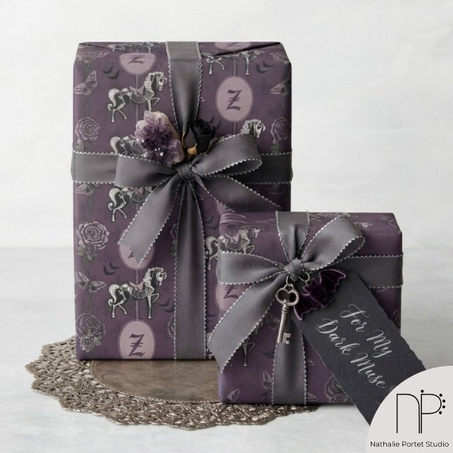 Purple Monogram Gothic Horse Wrapping Paper (Purple monogram gothic horse wrapping paper with a dusty pink frame for elegant and moody gifts.)