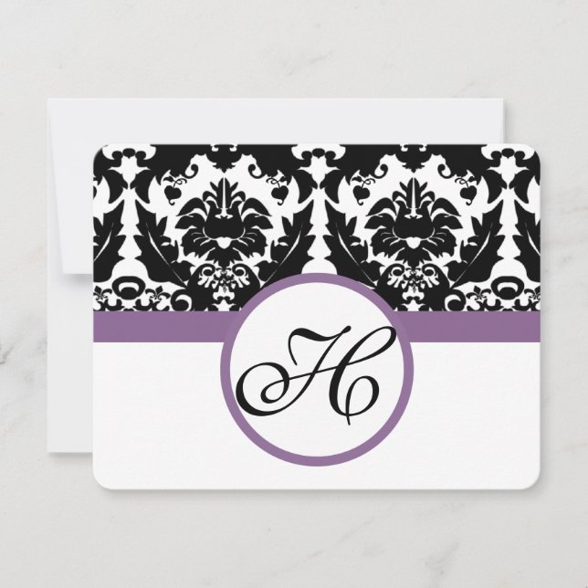 Purple Monogram Heart Damask Grape Trim RSVP Card (Front)