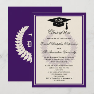 Purple Monogram Laurel Classic College Graduation Invitation