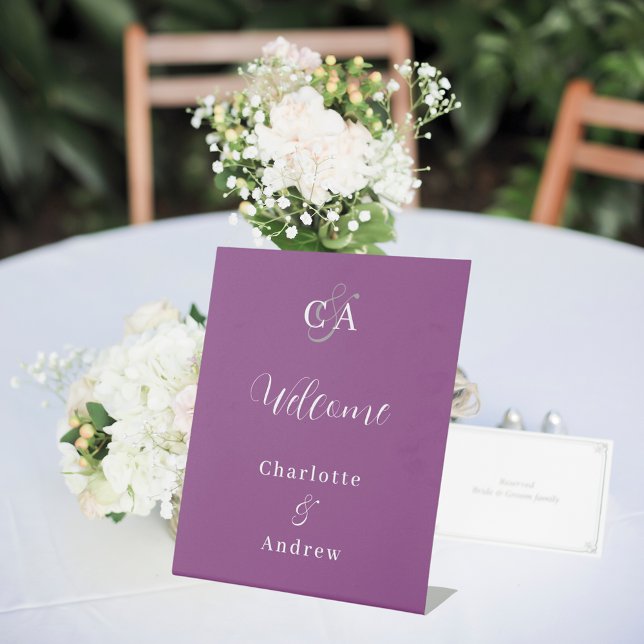 Purple monogram modern simple wedding welcome pedestal sign (Creator Uploaded)