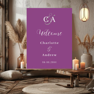 Purple monogram modern simple wedding welcome poster