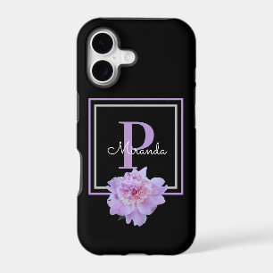 Purple Monogram Pink Peony Flower Black