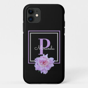 Purple Monogram Pink Peony Flower Black Case-Mate iPhone Case