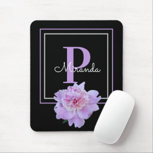 Purple Monogram Pink Peony Flower Black Mouse Pad