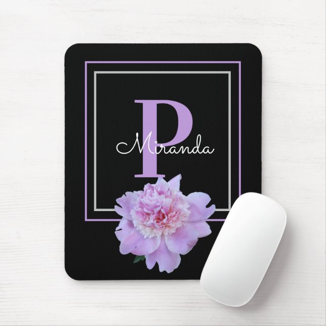 Purple Monogram Pink Peony Flower Black Mouse Pad (With Mouse)