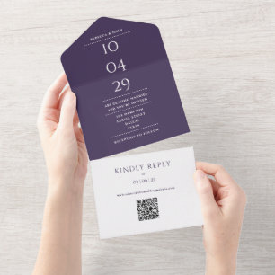 Purple Monogram QR Code Wedding Date All In One Invitation