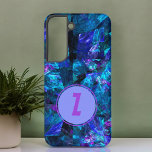 Purple Monogram Stylish Blue Abstract Template Samsung Galaxy Case<br><div class="desc">Shimmering shades of blue,  minimal purple and black background set off the purple initial letter monogram that you easily personalise. Personalise it by adding a first or last name initial in the text template field.</div>