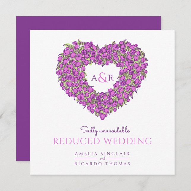 Purple monogram tulips heart reduced wedding announcement (Front/Back)