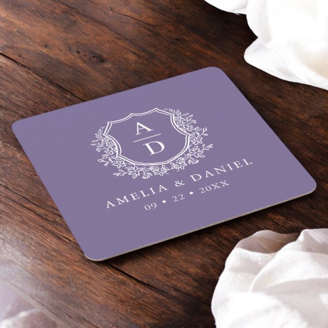 Purple Monogram Wedding Floral Crest Elegant Square Paper Coaster (Creator Uploaded)