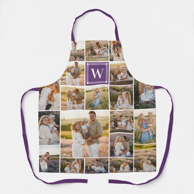 Purple Monogrammed 20 Pic Photo Collage Apron (Front)