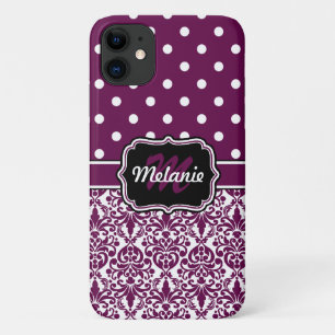 Purple Monogrammed Damask Polka Dots Pattern Case-Mate iPhone Case