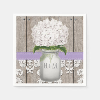Purple Monogrammed White Hydrangea Mason Jar Napkin