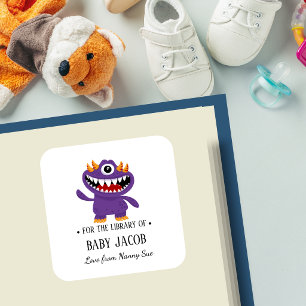 Purple Monster Baby Toddler Personalised Bookplate Square Sticker