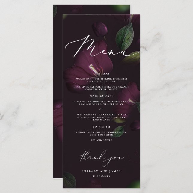 Purple Moody Blooms Calligraphy Wedding Dinner Menu (Front/Back)