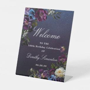 Purple Moody Flower 100th Birthday Welcome Pedestal Sign