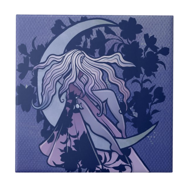 Purple Moon Goddess Wiccan Triple Moon Symbol Art Tile (Front)