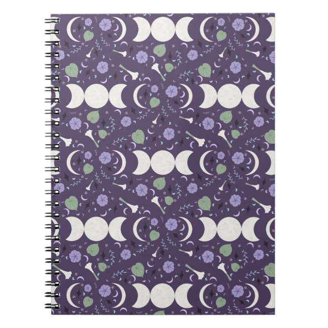 Purple Moon Phase Floral Pattern Spiral Notebook (Front)