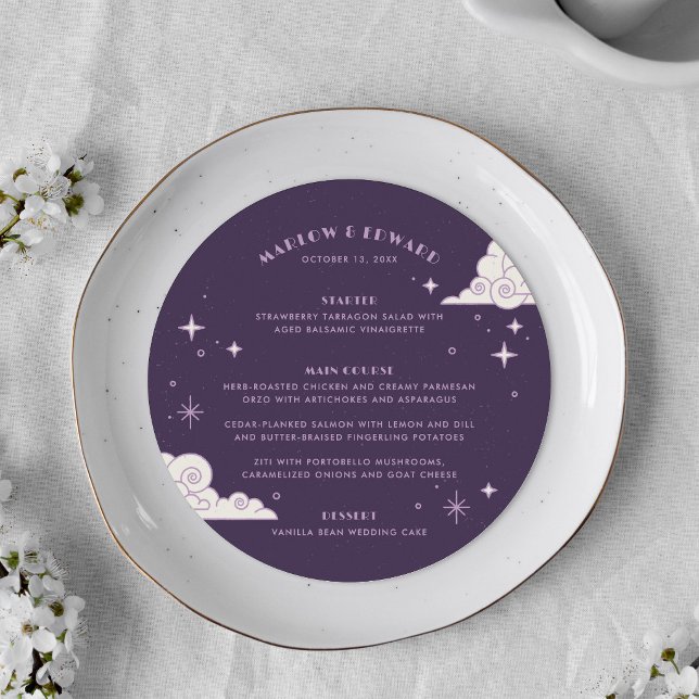 Purple Moon & Stars Celestial Wedding Menu Card (Creator Uploaded)