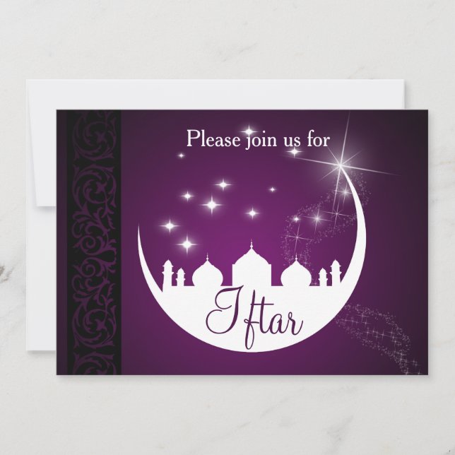Purple Moon Stars Mosque for Iftar Invitation (Front)