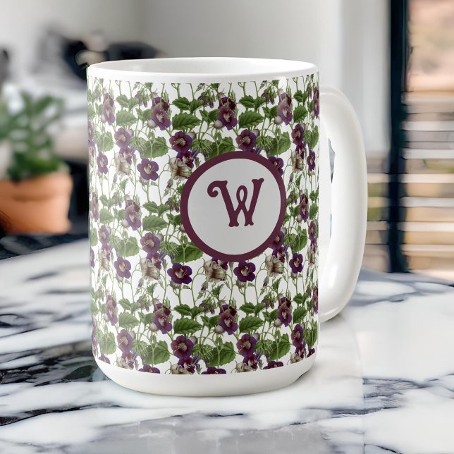 Purple Morning Glory Flowers on White With Initial Coffee Mug (Creator Uploaded)
