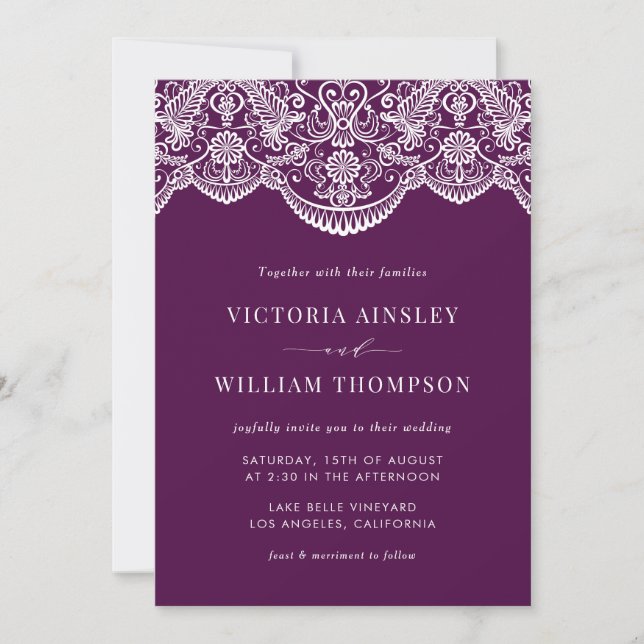 Purple Moroccan Lace Pattern Wedding Invitation (Front)