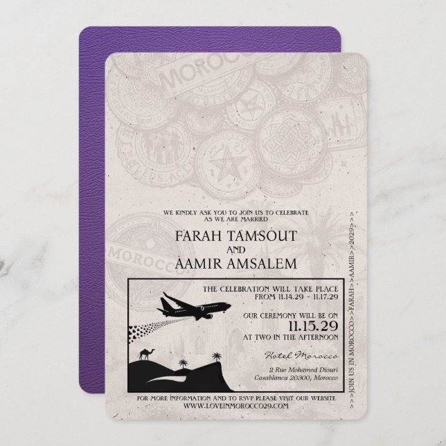 Purple Morocco Passport Wedding Invitation (Front/Back)