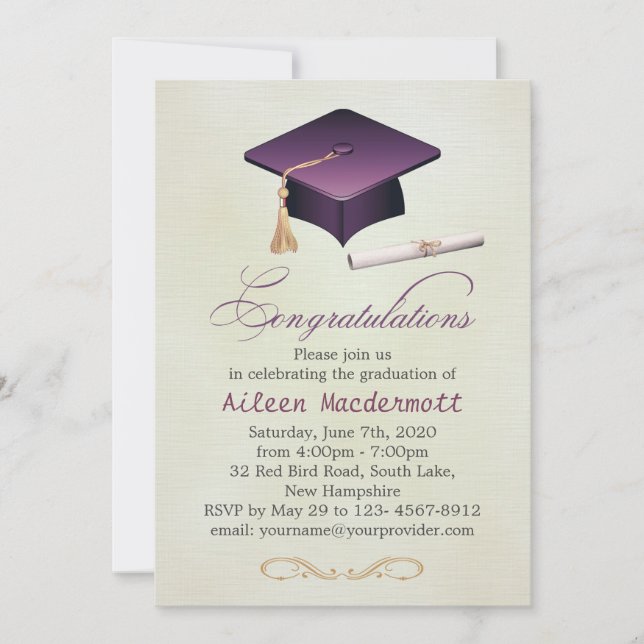 Purple mortar and diploma Graduation Party Invitation (Front)